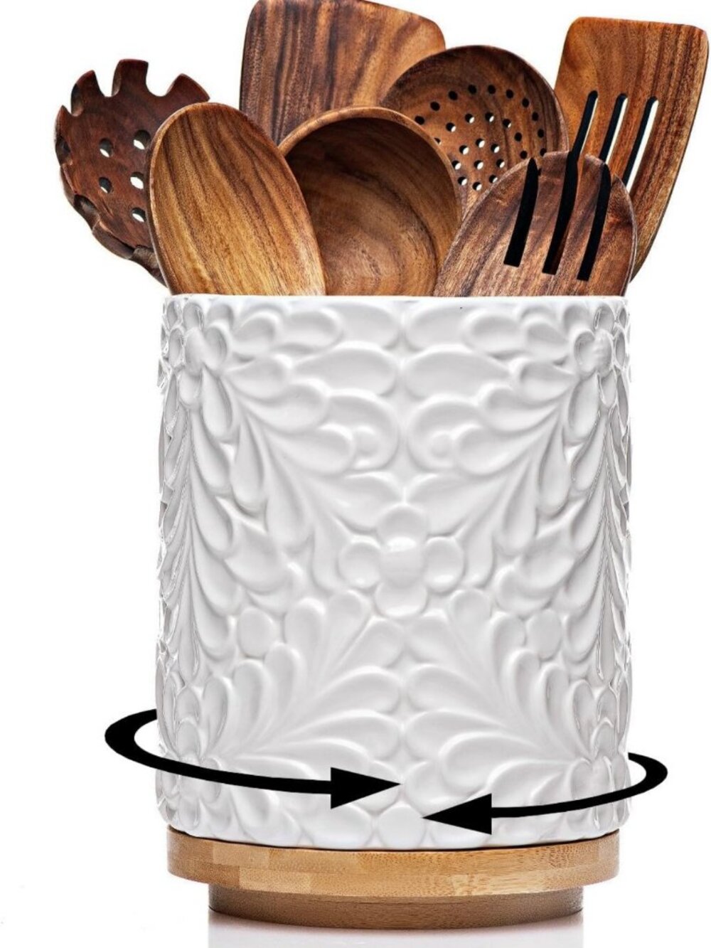 360° Rotating Utensil Holder - 8.3-Inch Ceramic Crock with Bamboo Base, Kitchen